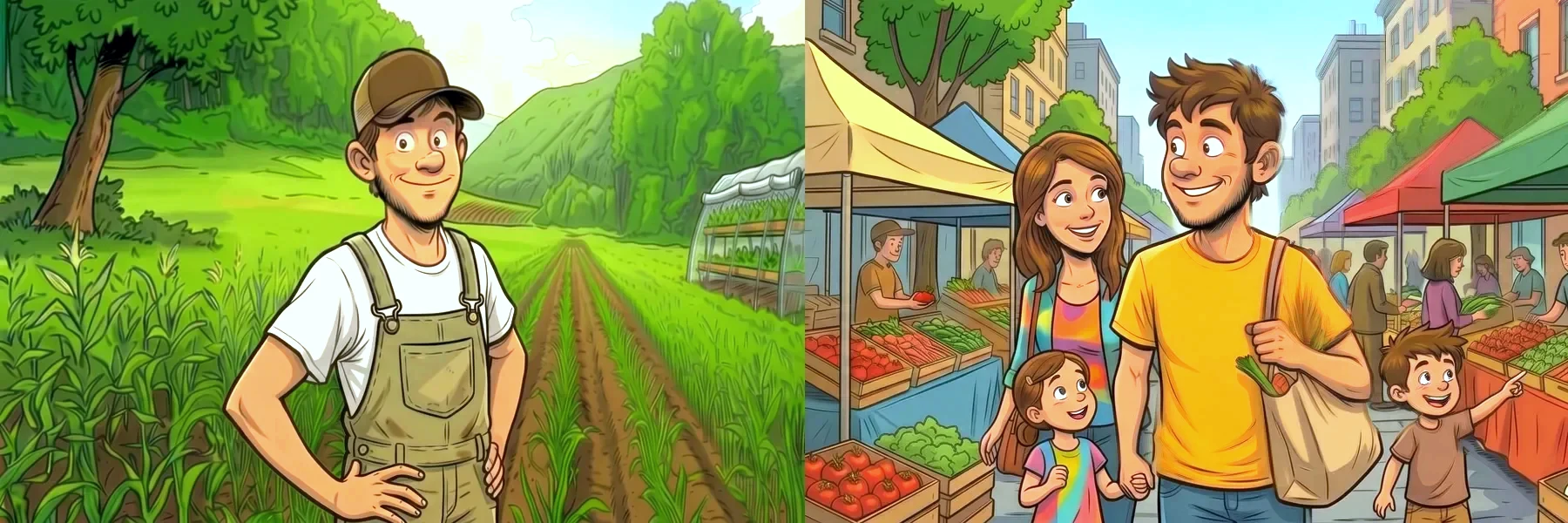 Dessin : à gauche, un jeune agriculteur dans son champ ; à droite, une famille fait ses courses au marché