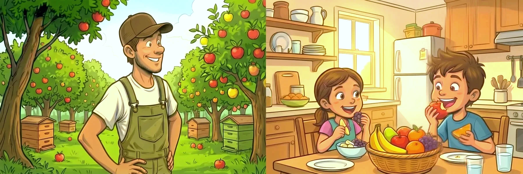 Dessin : à gauche, un agriculteur souriant dans son verger ; à droite, deux enfants goûtent des fruits dans la cuisine